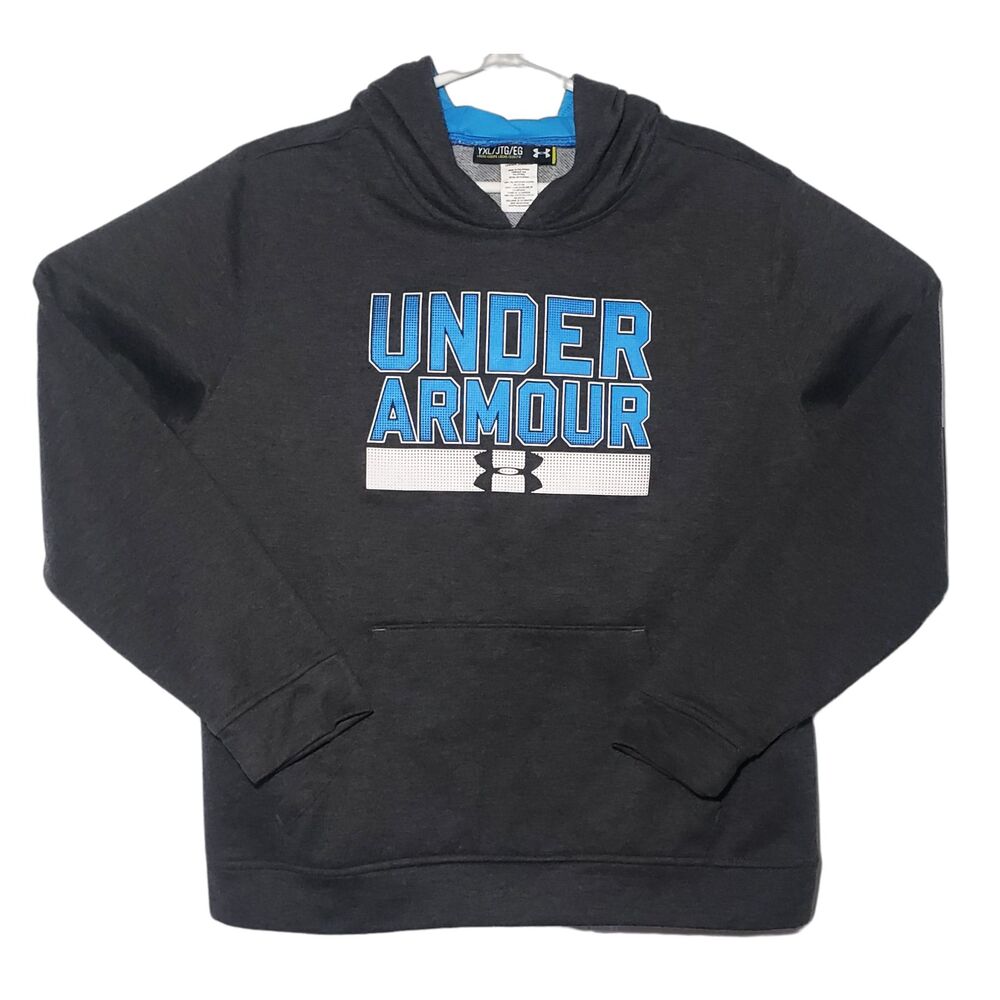 Under Armour Hoodie Boys Youth XL Grey w/ Blue & White Logo Polyester